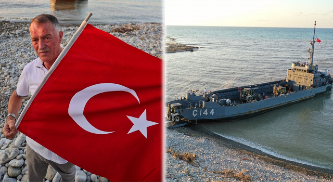 Sel bölgesinde çıkartma gemisine "Türk bayraklı" karşılama