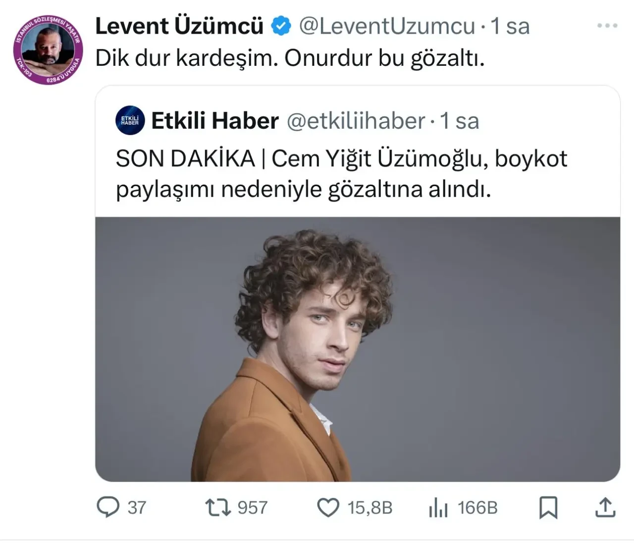 Gözaltına alınan  Cem Yiğit Üzümoğlu'na ünlü isimlerden destek 3