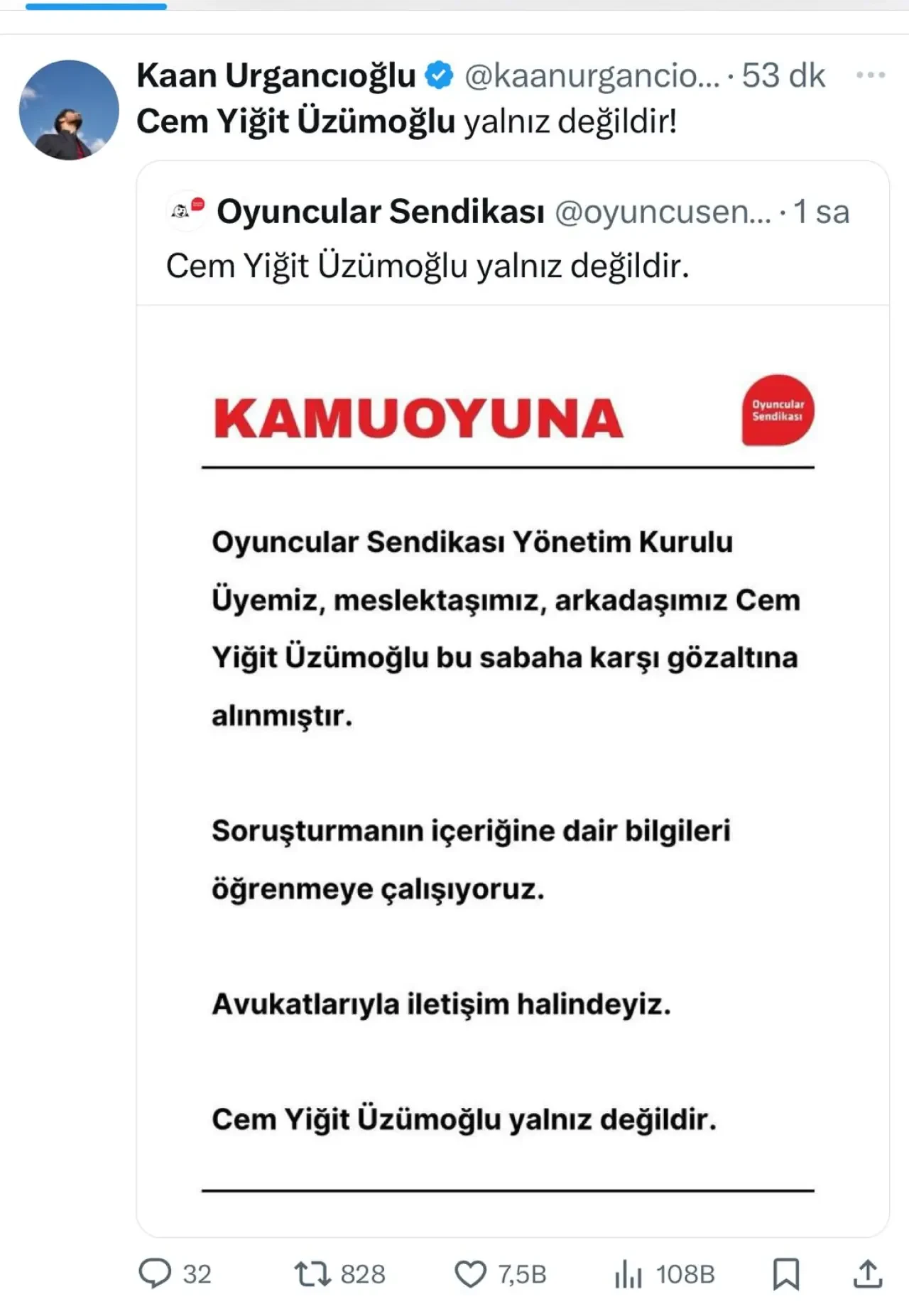 Gözaltına alınan  Cem Yiğit Üzümoğlu'na ünlü isimlerden destek 1