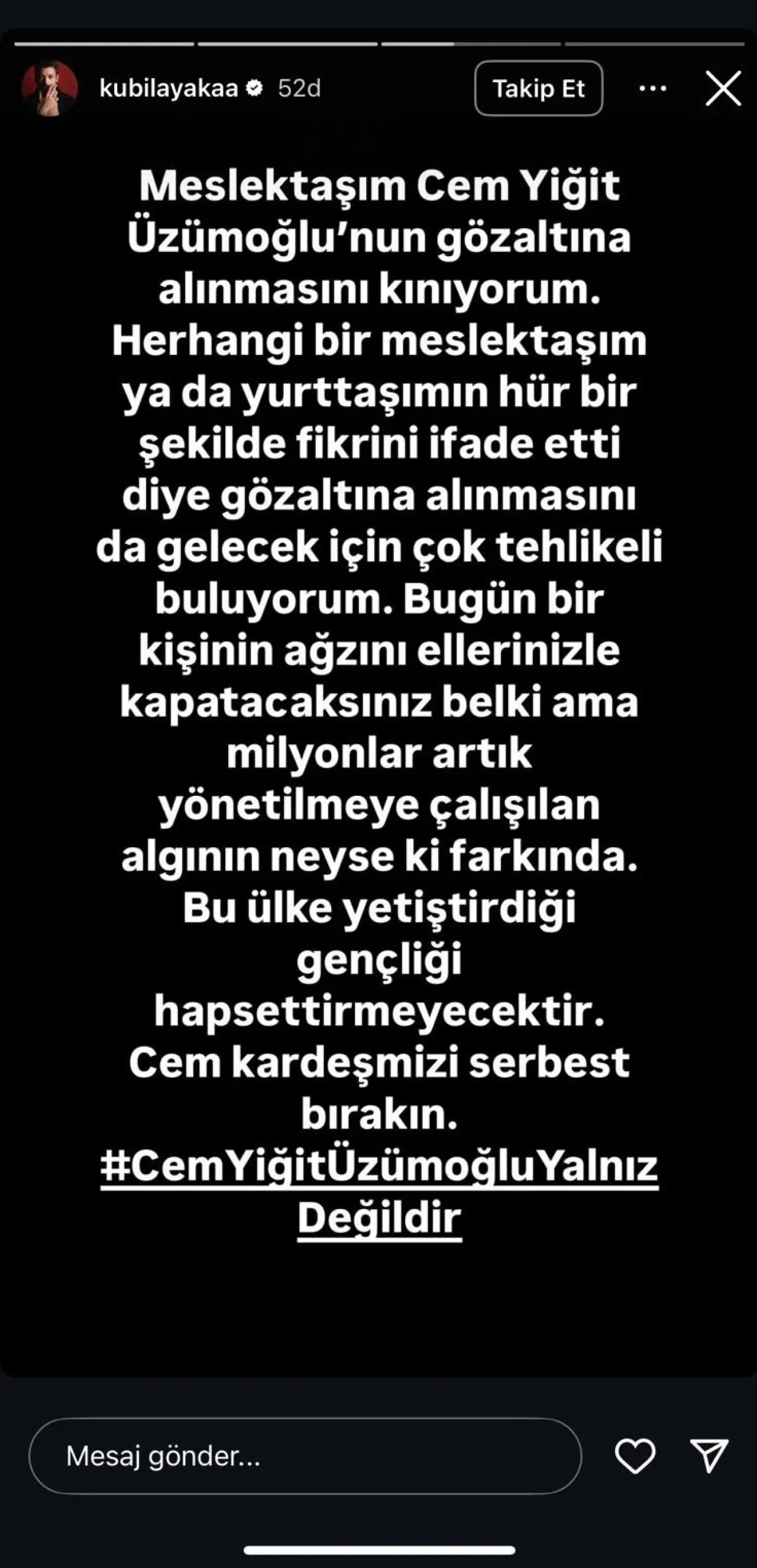 Gözaltına alınan  Cem Yiğit Üzümoğlu'na ünlü isimlerden destek 2