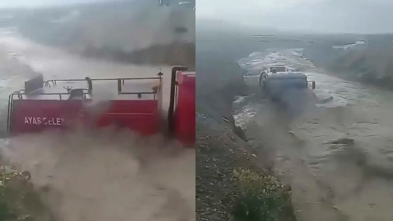 Ankara Ayaş'ta itfaiye aracı sele kapıldı