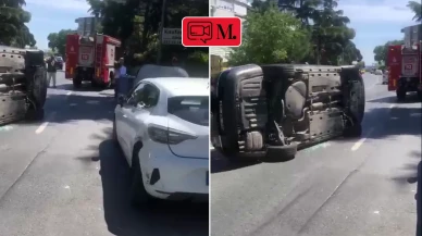 Ulus Adnan Saygun Caddesi'nde yan yatan araç trafiği aksattı