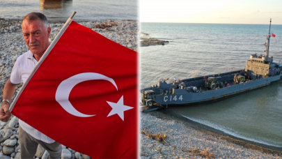 Sel bölgesinde çıkartma gemisine "Türk bayraklı" karşılama