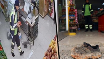 Gaziantep'te bir işçi çamurlu ayakkabılarını çıkarıp, alışveriş yaptı