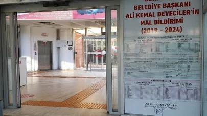 Burhaniye Belediye Başkanı Ali Kemal Deveciler mal beyanını belediye hizmet binasının giriş kapısına astı