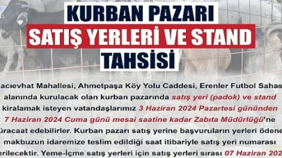 Malkara Belediye: Kurban bayramı nedeniyle Kurban Pazarı Hacıevhat Mahallesi Ahmetpaşa Köy Yolu Caddesi Erenler Futbol Sahası alanında kurulacaktır