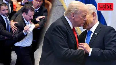 Trump’ın İsrail meclisindeki konuşması olaylı geçti: Filistin pankartı açan vekiller dışarı atıldı