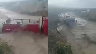 Ankara Ayaş'ta itfaiye aracı sele kapıldı