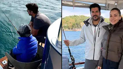 Burak Özçivit ve Fahriye Evcen, çocuklarıyla Boğaz’da balık keyfi yaptı