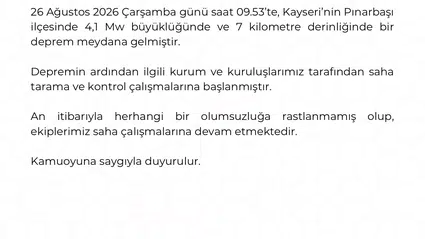 Pınarbaşı'nda 4.1'lik sarsıntı: Yerin 7 kilometre derinliğinde kaydedildi