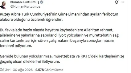 TBMM Başkanı Kurtulmuş'tan Girne'deki Feribot Faciasına Taziye Mesajı