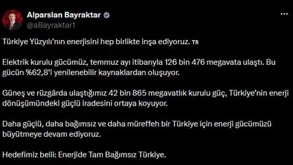 Yenilenebilirde yüzde 62,8'lik dev pay: Elektrik kurulu gücü 126 bin 476 megavata dayandı