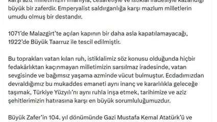 Cevdet Yılmaz'dan 30 Ağustos Mesajı: 'Büyük Zafer, Milletimizin İstiklal İradesinin Eseridir'