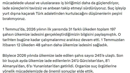 Gürlek: 2026’da Türkiye’ye getirilen kişi sayısı 245 oldu