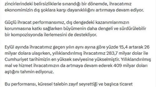 Cevdet Yılmaz'dan ihracat mesajı: Cumhuriyet tarihinin zirvesine ulaşıldı