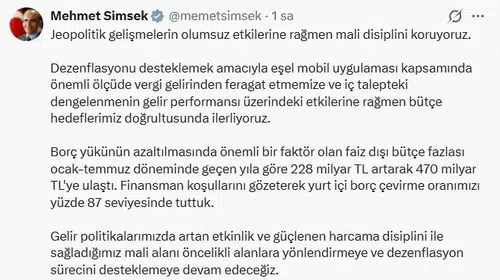 Şimşek: Dezenflasyon sürecine destek sürecek