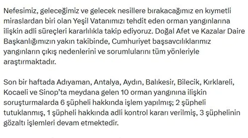 22 ilde 64 orman yangını soruşturuluyor: 11 tutuklama