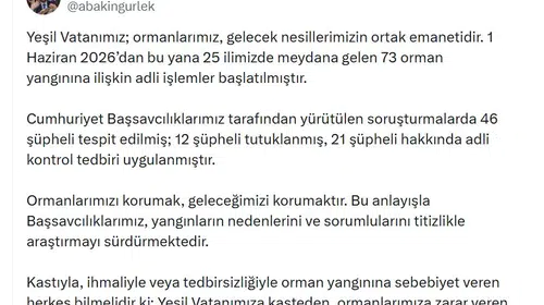 25 ilde 73 orman yangını için adli süreç: 12 tutuklama, 21 adli kontrol