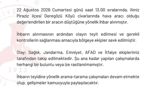 Piraziz'de hava aracı düştüğü ihbarı: Ekipler sevk edildi, iz yok