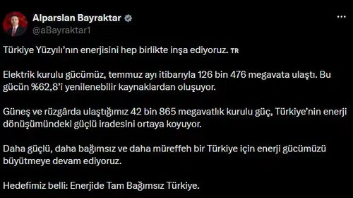 Yenilenebilirde yüzde 62,8'lik dev pay: Elektrik kurulu gücü 126 bin 476 megavata dayandı