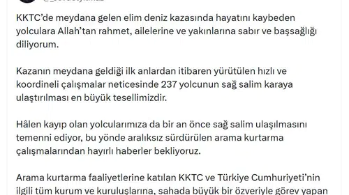 Cumhurbaşkanı Yardımcısı Yılmaz'dan KKTC'deki Deniz Kazasına İlişkin Yeni Mesaj: '237 Yolcunun Kurtarılması En Büyük Tesellimiz'