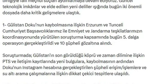 Erzurum ve Tunceli'de 5'inci dalga operasyon: Gülistan Doku soruşturmasında 10 yeni gözaltı