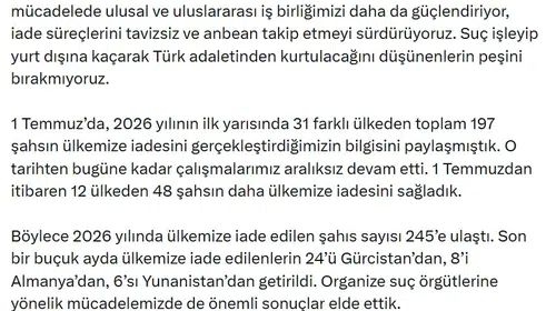 Gürlek: 2026’da Türkiye’ye getirilen kişi sayısı 245 oldu