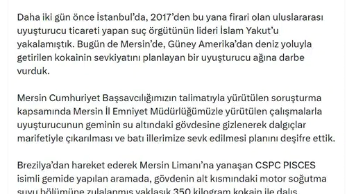 Mersin'de dev operasyon: Geminin altına gizlenmiş 350 kilo kokain ele geçirildi