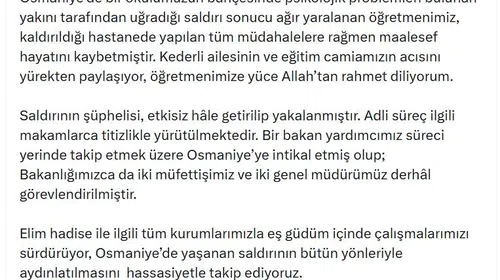 Osmaniye'de eğitim camiasını yasa boğan cinayet: Bakan Tekin'den taziye ve soruşturma açıklaması