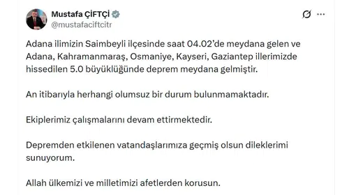 Adana'da gece yarısı korkutan sarsıntı: Bölgeden ilk açıklamalar geldi
