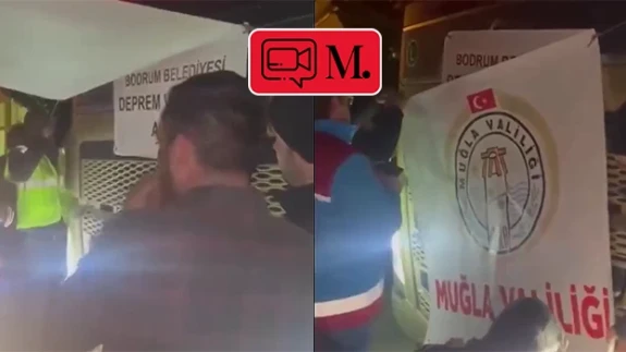 Muğla Valiliği deprem bölgesine giden Bodrum Belediyesi TIR'ının üzerine kendi pankartını astı
