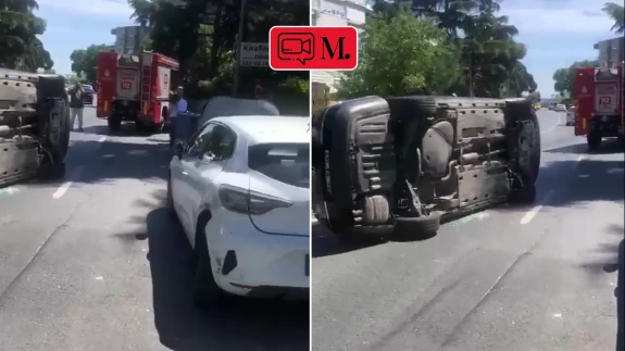 Ulus Adnan Saygun Caddesi'nde yan yatan araç trafiği aksattı