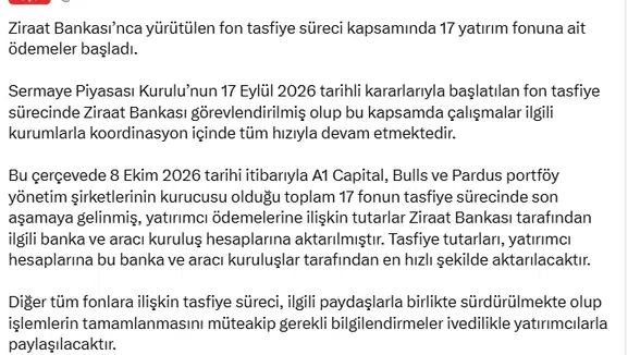 Yatırımcılara müjdeli haber: 17 fonda tasfiye ödemeleri hesaplara geçiyor