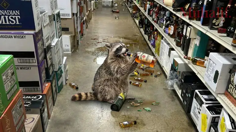 Fazla alkol minik rakunun bedenine ağır geldi: Viski içen sarhoş hayvan tuvalette uyuya kaldı