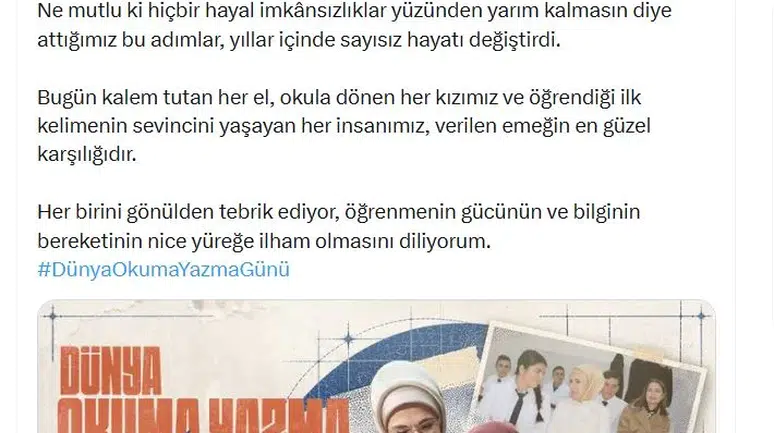 Emine Erdoğan'dan eğitim seferberliği vurgusu: Öğrenmenin yaşı yok