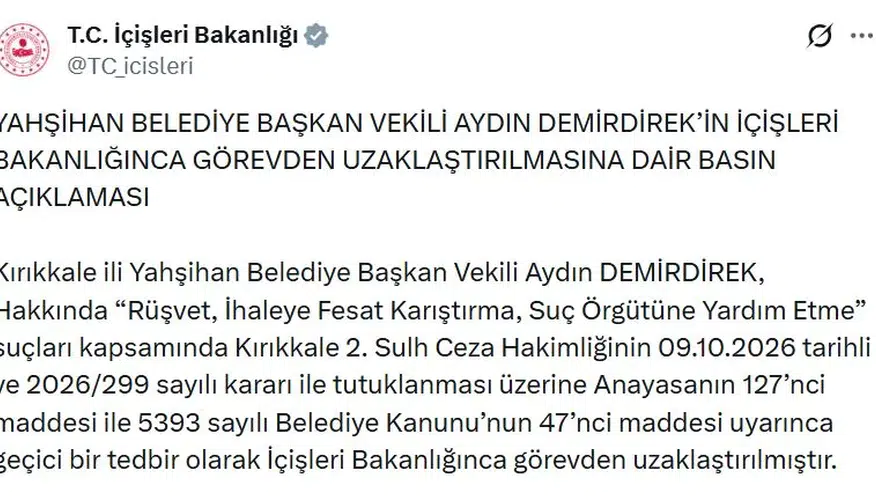Kırıkkale'de belediyeye operasyon: Başkanvekili Demirdirek görevden alındı