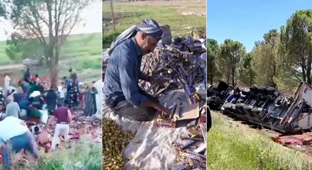 Devrilen TIR'daki bayram şekerleri ile çikolataları yağmaladılar!