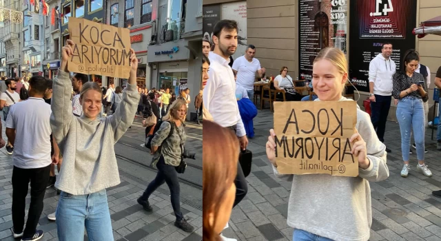 Taksim'de Belaruslu kadın 'Koca arıyorum' dövizi açtı