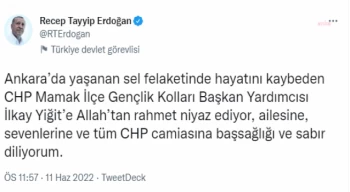 Erdoğan’dan CHP Mamak ilçe gençlik kolları başkan yardımcısının vefatına ilişkin taziye mesajı