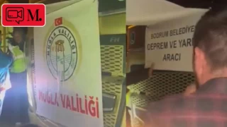 Muğla Valiliği deprem bölgesine giden Bodrum Belediyesi TIR'ının üzerine kendi pankartını astı