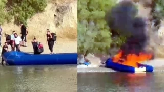 Göçmenler, Leros Adası’na çıkar çıkmaz botu ateşe verdiler