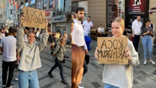 Taksim'de Belaruslu kadın 'Koca arıyorum' dövizi açtı