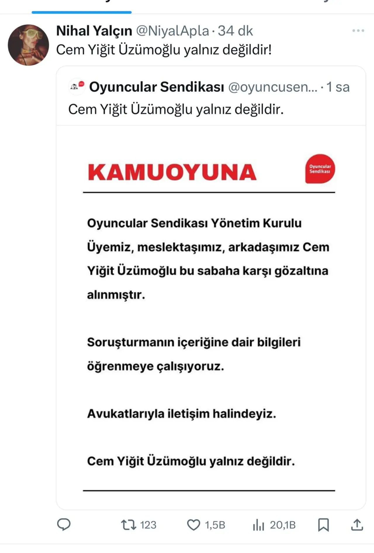 Gözaltına alınan  Cem Yiğit Üzümoğlu'na ünlü isimlerden destek 4