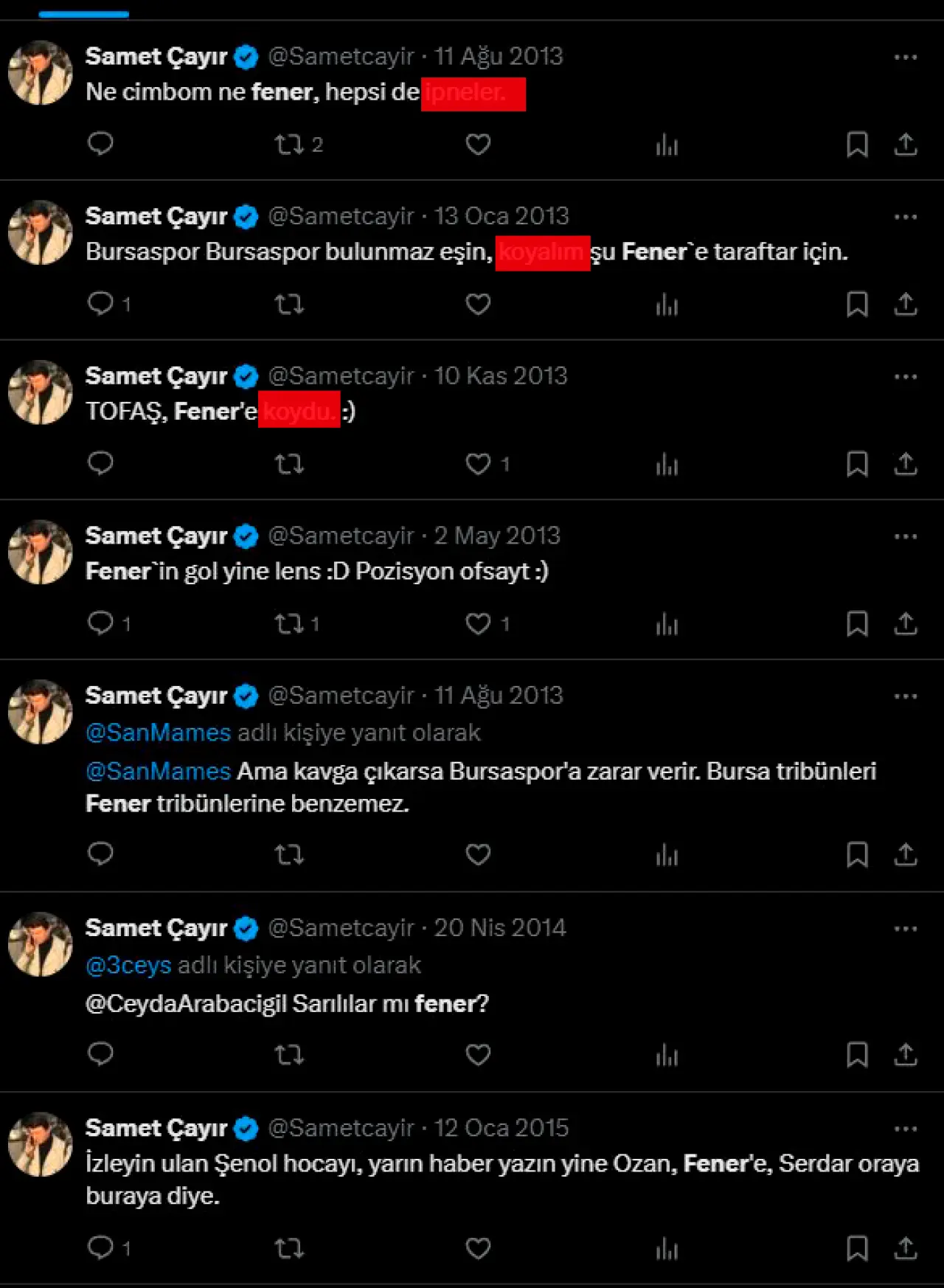 Fanatik Gazetesi Fenerbahçe muhabiri Samet Çayır’ın Fenerbahçe'ye hakaret ettiği paylaşımlar ortaya çıktı! 1