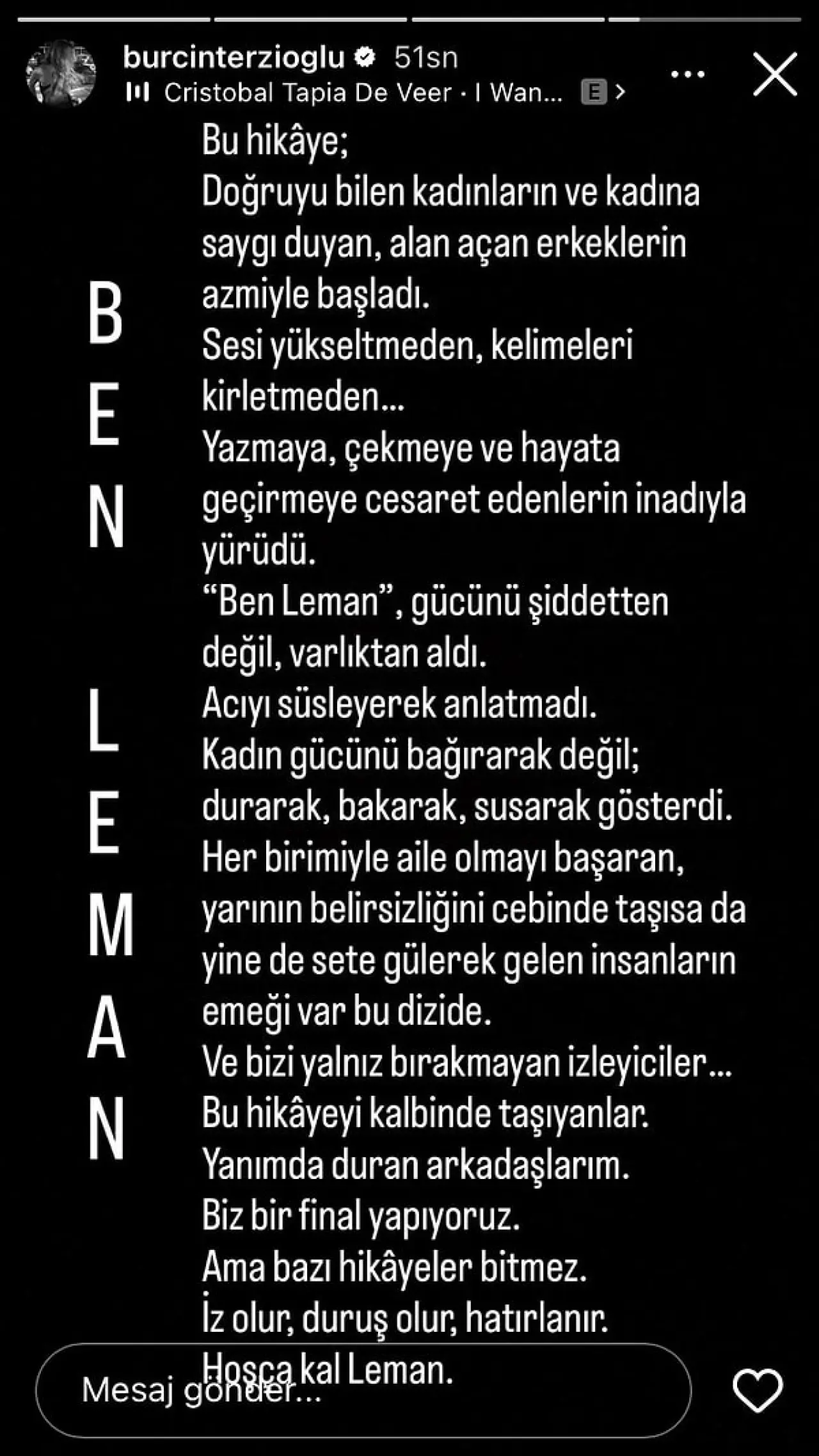 İşte Burçin Terzioğlu'nun erken final kararı alınan Ben Leman dizisine duygusal vedası: