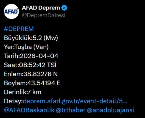 Son dakika... Vanda 5.2 büyüklüğünde deprem